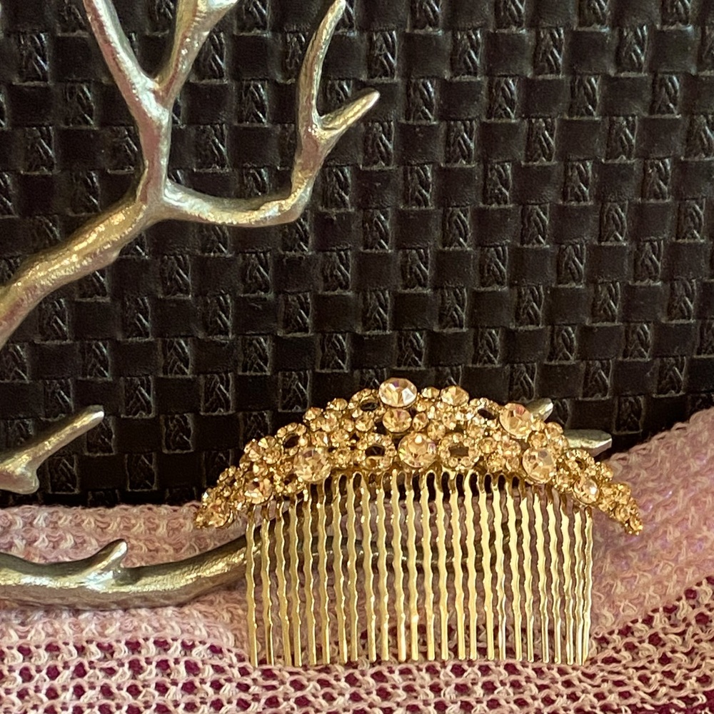New! Gold Hair Clip Comb Peach Rhinestones - Picture 3 of 11